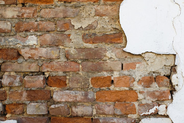 Uneven, sloppy brickwork of an old brick wall.