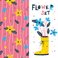 Materiał do szycia Flower set seamless pattern and flowering plant in a flower pot rubber boot. Happy gardening clipart set. My hobbies. Growing plants. Landscaping, garden, interior elements. Summer time! Scandinavian