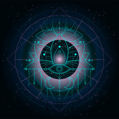 Vector illustration of mystic symbol Lotus on abstract background. Geometric sign drawn in lines.