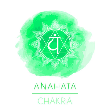 Vector illustration with symbol chakra Anahata and watercolor element on white background.