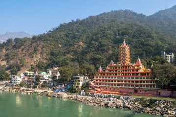 Tera Manzil Templ, another name - Trimbakeshwar, view from Lakshman Jhula bridge. the temple is...