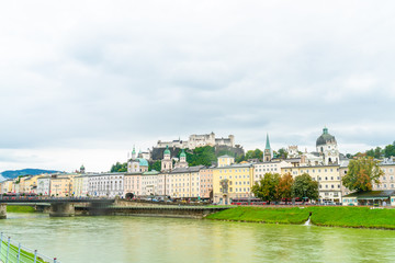 Fototapeta na wymiar Salzburg City with Festung Hohensalzburg and Salzach river