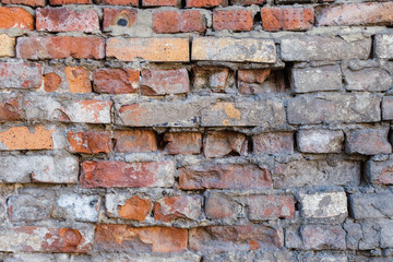 Uneven, sloppy brickwork of an old brick wall.