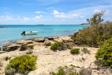 Boat moored in bay of Elafonisi beach. Crete, Greece