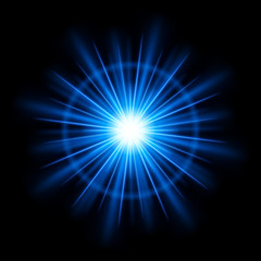 Abstract blue lens flare light burst or sun with rays vector design element.