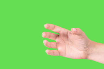 Closeup view of beautiful white female hand as if holding bottle or smartphone or other invisible object isolated on green chromakey background. Horizontal color photography.