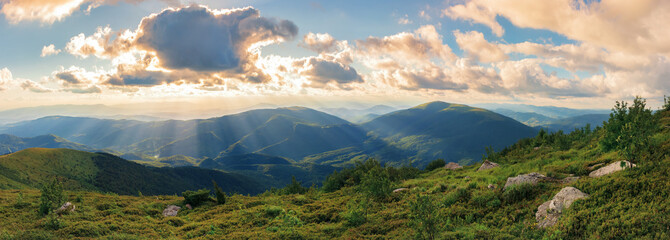 panorama of a gorgeous summer sunset in mountains. sun behind the fluffy clouds. rocks among grassy hills.