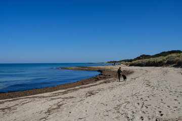 Frau mit Hund macht Spaziergang am Strand am Mittelmeer