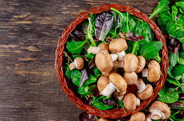 Basket salad with mushrooms, on rusty old background