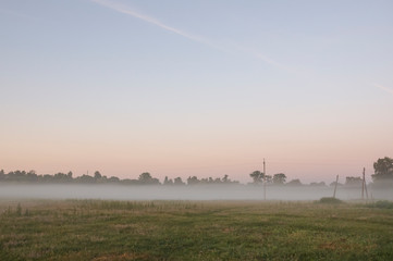 Green meadow in the summer morning with fog. Sunrise