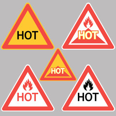 Hot.Triangular sign,set. A poster calling for attention in this area, dangerous physical manifestations.