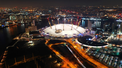 Aerial night shot from iconic O2 Arena in Greenwich Peninsula, London, United Kingdom