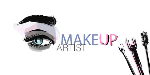 Hand drawn women eye and makeup brushes. Vector template. Beauty industry, make-up