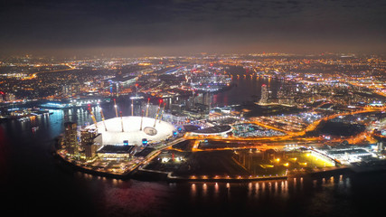Fototapeta na wymiar Aerial night shot from iconic O2 Arena in Greenwich Peninsula, London, United Kingdom