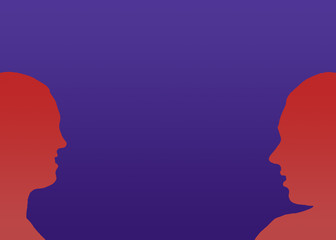 A silhouette of a  man and woman couple looking at each other in love in red and purple