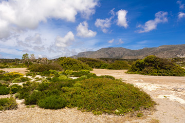 Picturesque landscape with mountains in the background on Elafonisi beach. Island of Crete, Greece