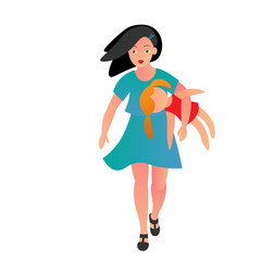 Beautiful little black-haired girl in a blue summer dress with a rag doll in her hands. Isolated on white, flat style, vector illustration