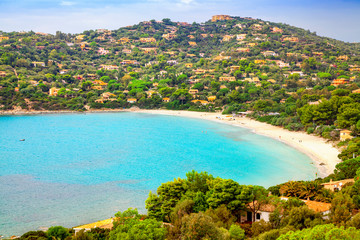 Bay at the Mediterranean sea in Torre delle Stelle, South Sardinia, Italy. Beaches and villas in Sardinia.