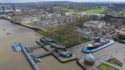 Fototapeta premium Aerial drone photo of famous Cutty Sark the only tea clipper survived and used as a museum next to Greenwich pier, London, United Kingdom