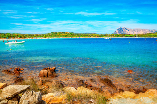 View of Cala Brandinchi most famousl beach of Sardinia Island and Capo Coda Cavallo mountain, Italy.
