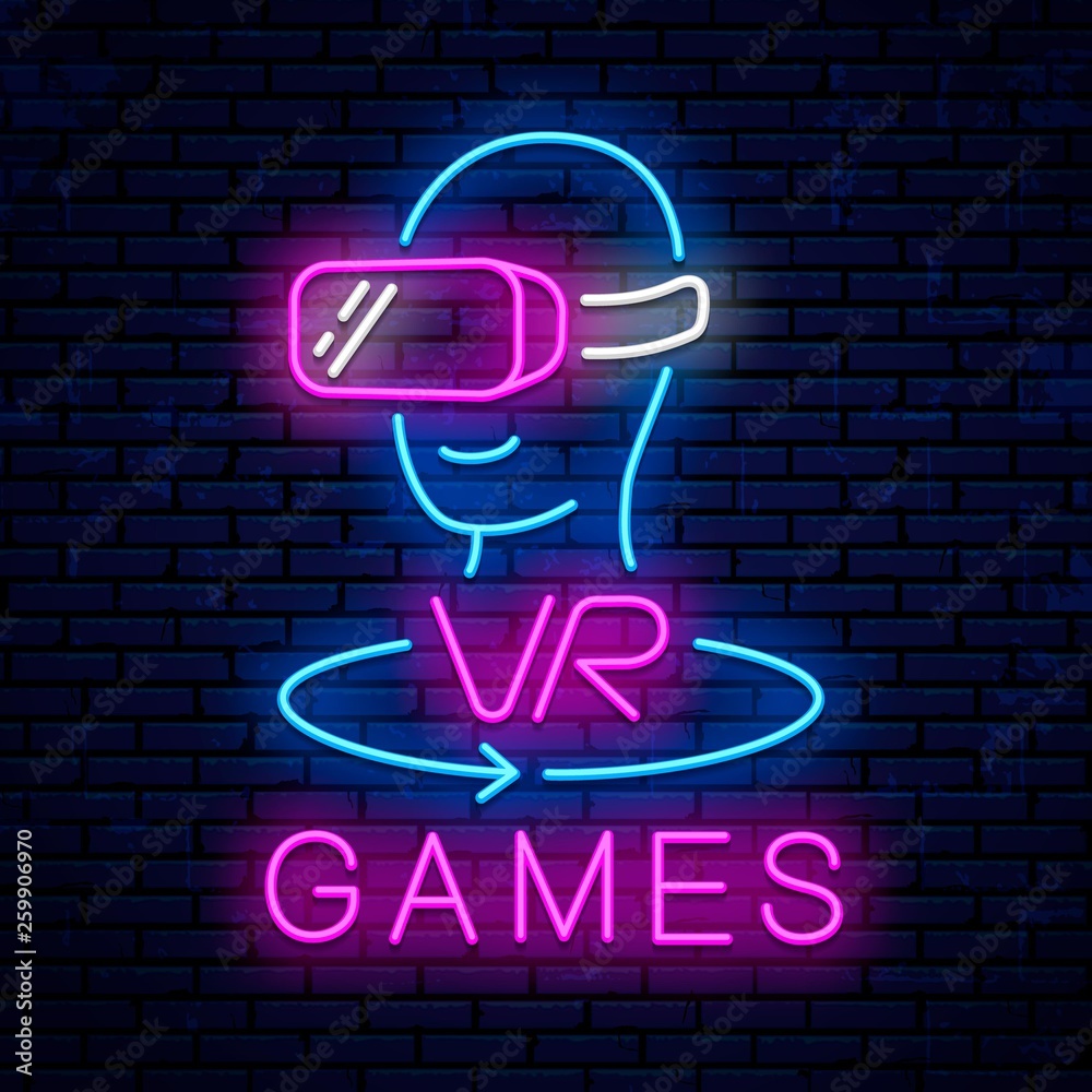 Wall mural virtual reality. neon sign design. neon glowing icon. vector illustration