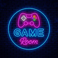 Game room. Neon sign design. Neon glowing icon. Vector Illustration © Onabi