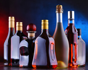 Bottles of assorted alcoholic beverages.
