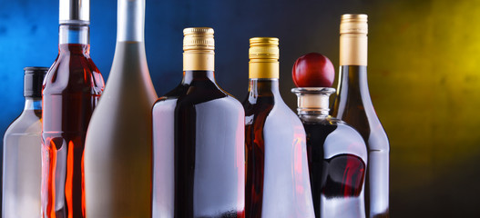 Bottles of assorted alcoholic beverages.