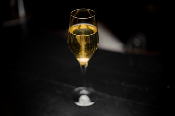 View from above on the cocktail with champagne and a sugar cube in the glass
