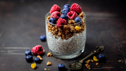 Chia-Pudding mit Granola und Früchten