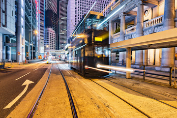 Night street view in Central city District. Hong Kong. - obrazy, fototapety, plakaty