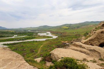 View on the Kura river and Caucasus mountains from Ancient cave city Uplistsikhe, Georgia