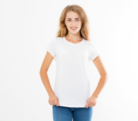 Fototapeta premium Teen girl posing in white t shirt set , copy space , blank tshirt , empty t-shirt woman