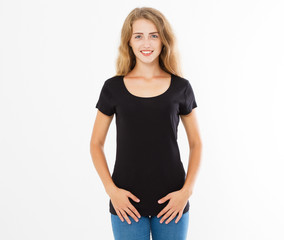 Fototapeta premium Teen girl posing in black t shirt set , copy space , blank tshirt , empty t-shirt woman
