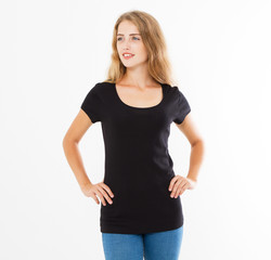 Fototapeta premium woman in black t-shirt mock up isolated, t shirt female, blank tshirt