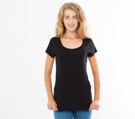 Beautiful woman in black tshirt isolated on white, girl in style black t-shirt mock up, t shirt blank, copy space.