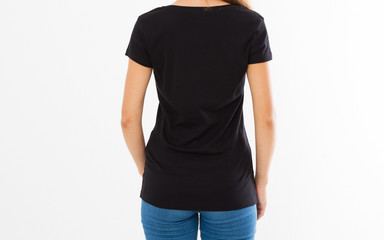 Obraz premium back rear view: woman in black tshirt isolated, girl in t-shirt mock up, black T shirt. Midsection female tshirt on white background, girl in t-shirt mock up isolated