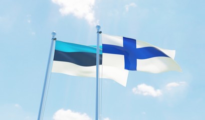 Finland and Estonia, two flags waving against blue sky. 3d image