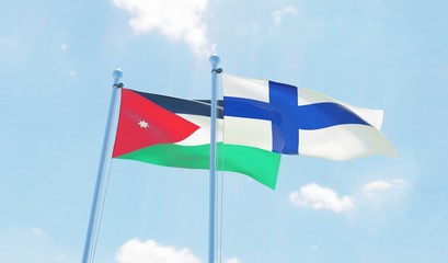 Finland and Jordan, two flags waving against blue sky. 3d image