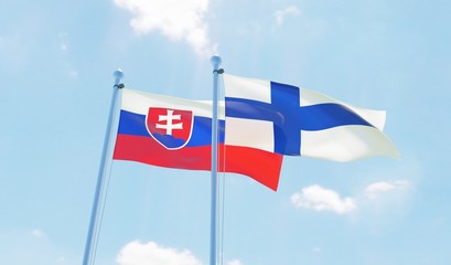 Finland and Slovakia, two flags waving against blue sky. 3d image