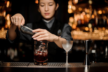 Bartender girl adding ice from the metal paddle