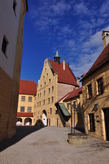 Picturesque medieval gothic houses in old bavarian town near Munich, Germany