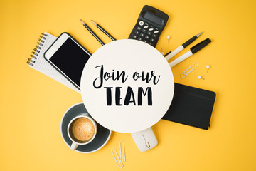 Job recruit banner concept with office desk. Business background.