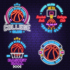 Set of basketball club neon design or emblem. Vector. Graphic design for t-shirt, tee, apparel. Vintage typography design with basketball hoop and ball silhouette. Night neon signboard © sivvector