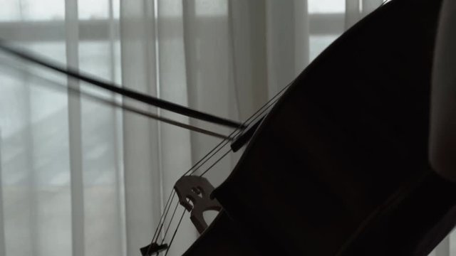 Female violoncellist's silhouette playing on the strings with fiddlestick