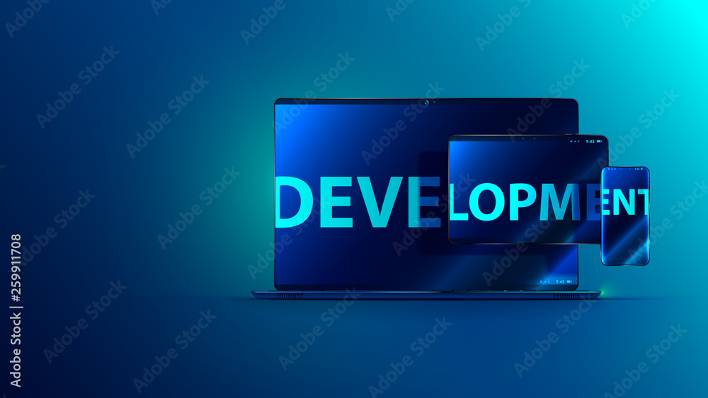 Fototapete Development software. Technology business programming and coding app. Word development on screen of laptop, tablet, phone. Abstract cross platforms computer program on different device. Concept banner