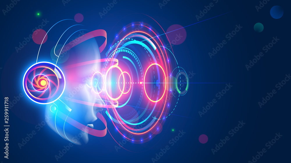 Aufkleber Woman in VR headset looking at holographic abstract interface of augmented reality. Concept of future technology of entertainment, virtual reality. Female face profile lit by 3d hud interface.