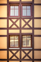 Detail of a traditional, half timbered building in the historic old town of Rothenburg ob der Tauber, a medieval city on the Romantic Road in Bavaria, Germany