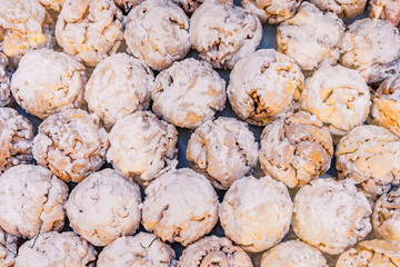 Schneeball (snowball) is a traditional pastry of Franconia (Germany) and a common souvenir from the region of Rothenburg ob der Tauber