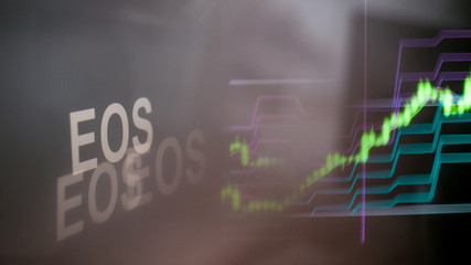 EOS Cryptocurrency token. The behavior of the cryptocurrency exchanges, concept. Modern financial technologies.